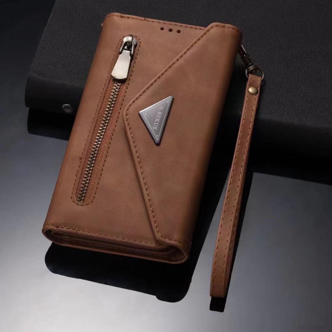 Luxury Leather Case for iPhone Crossbody Lanyard Wrist Belt Multi Card Slots Wallet Pouch Cover Brown