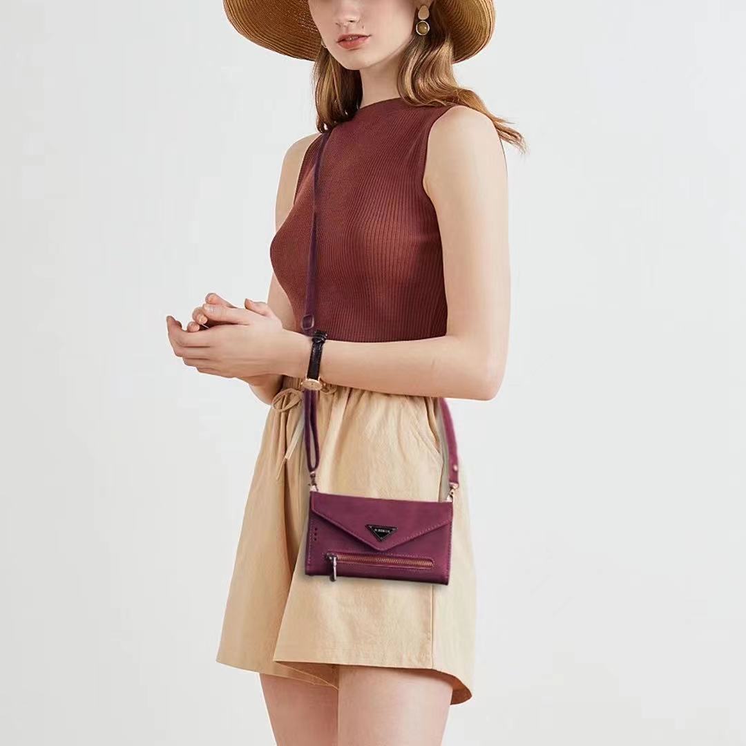 Luxury Leather Case for iPhone Crossbody Lanyard Wrist Belt Multi Card Slots Wallet Pouch Cover Wine red
