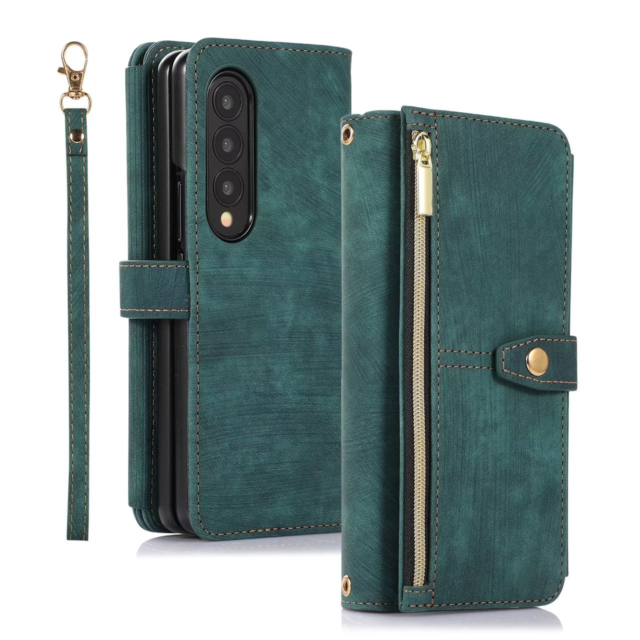 Green leather Samsung Z Fold 4 3 protective case with crossbody lanyard