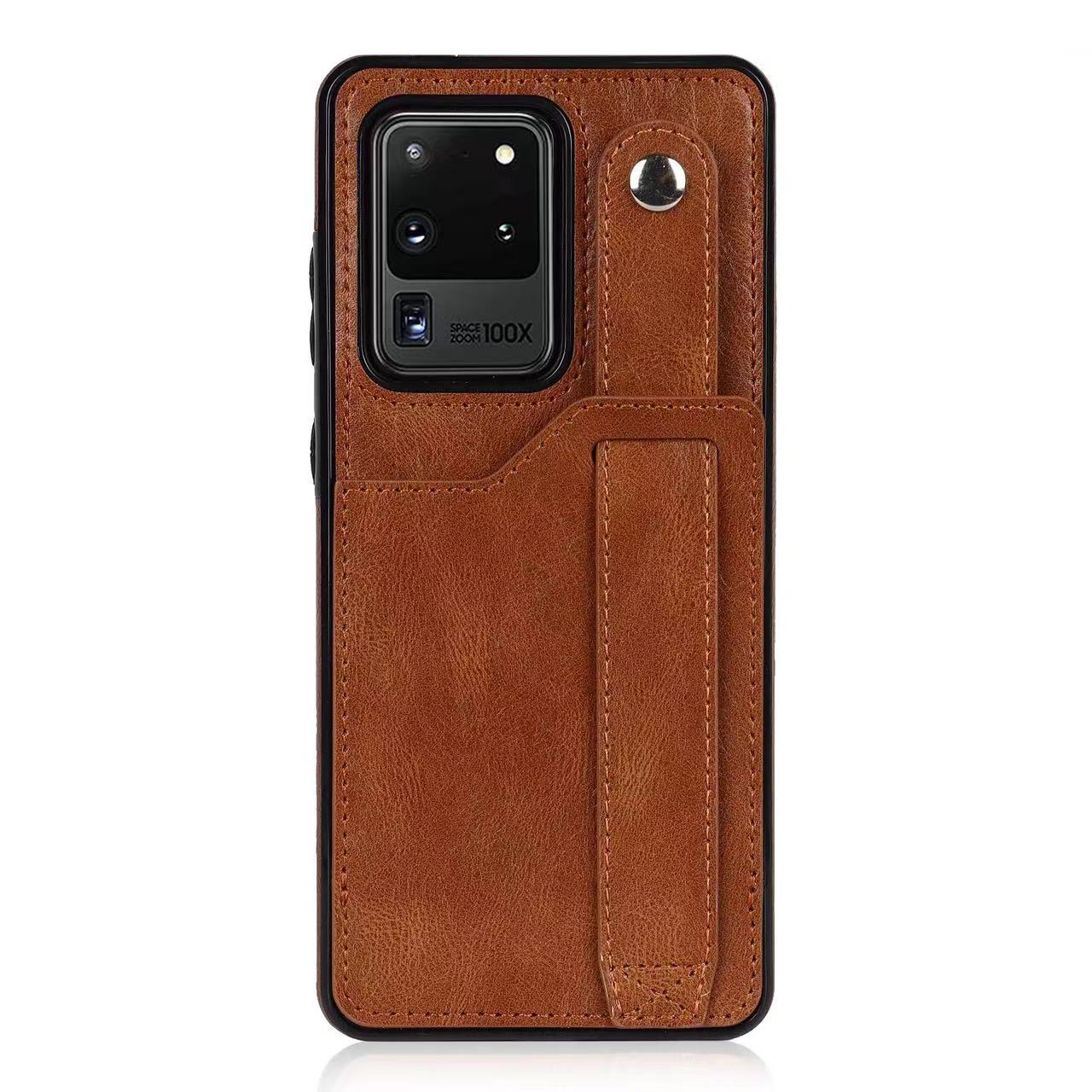 RFID Case For Samsung Galaxy S23 S22 S21 S20 Ultra Plus FE Luxury Leather Wrist Band Kickstand S20 Ultra Dark Brown
