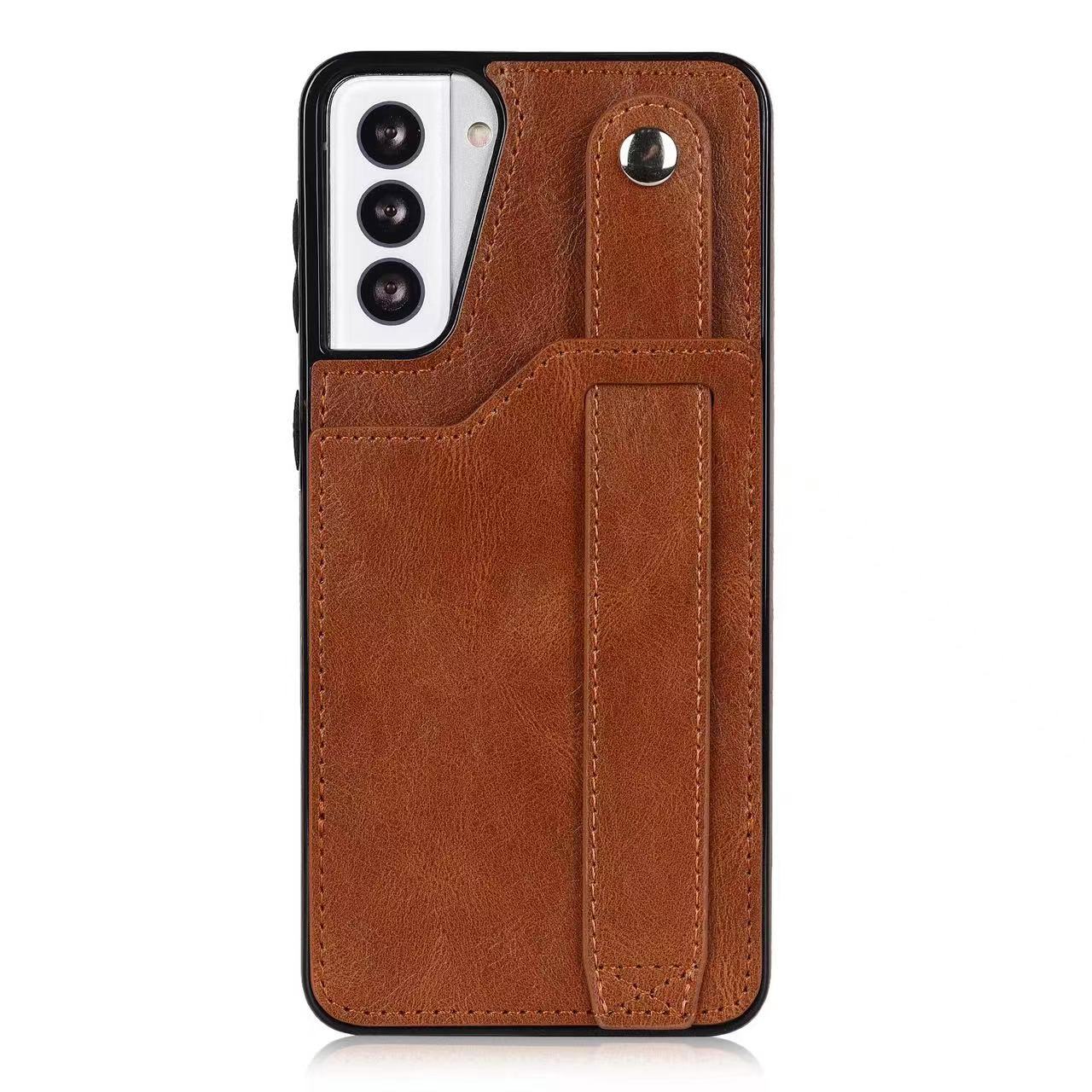 RFID Case For Samsung Galaxy S23 S22 S21 S20 Ultra Plus FE Luxury Leather Wrist Band Kickstand S21 Dark Brown
