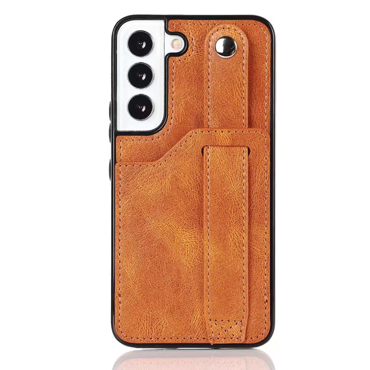 RFID Case For Samsung Galaxy S23 S22 S21 S20 Ultra Plus FE Luxury Leather Wrist Band Kickstand S22 Light Brown