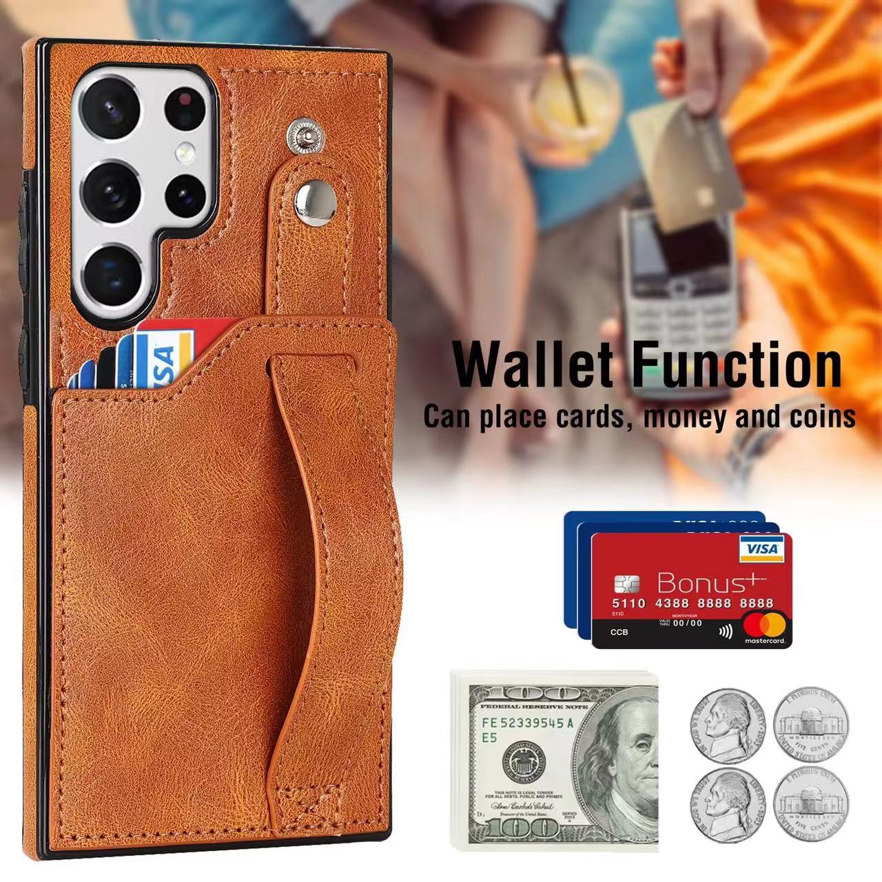 RFID Case For Samsung Galaxy S23 S22 S21 S20 Ultra Plus FE Luxury Leather Wrist Band Multi Functions