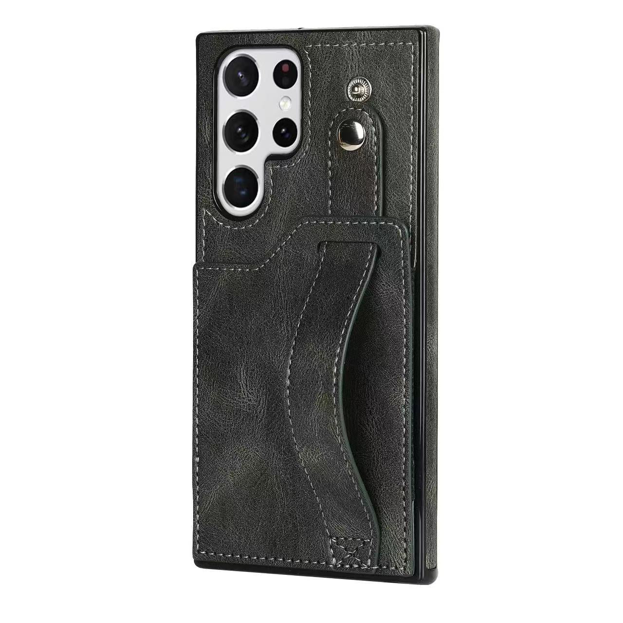 RFID Case For Samsung Galaxy S23 S22 S21 S20 Ultra Plus FE Luxury Leather Wrist Band Kickstand Grey