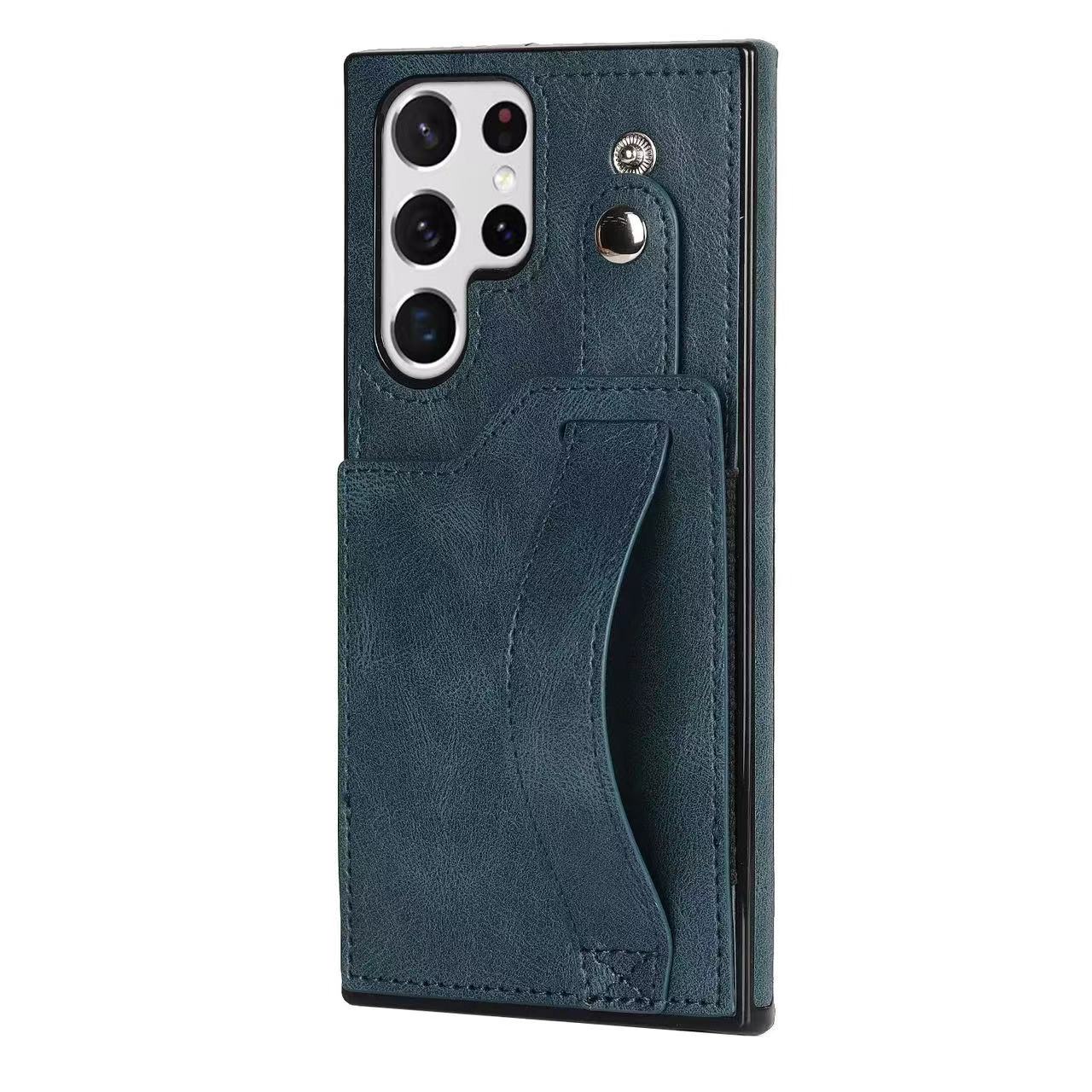 RFID Case For Samsung Galaxy S23 S22 S21 S20 Ultra Plus FE Luxury Leather Wrist Band Kickstand Navy Blue