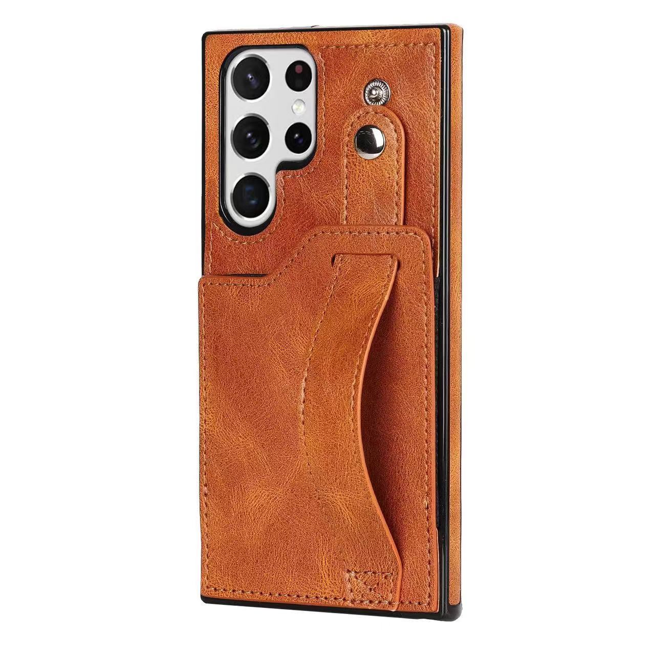 RFID Case For Samsung Galaxy S23 S22 S21 S20 Ultra Plus FE Luxury Leather Wrist Band Kickstand Light Brown