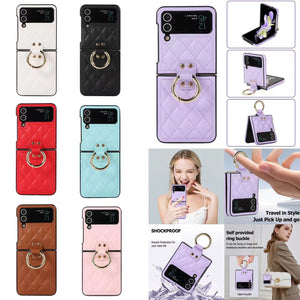 Luxury Quilted Leather Case for Samsung Galaxy Z Flip 4 Flip 3 Cover with Finger Ring Stand