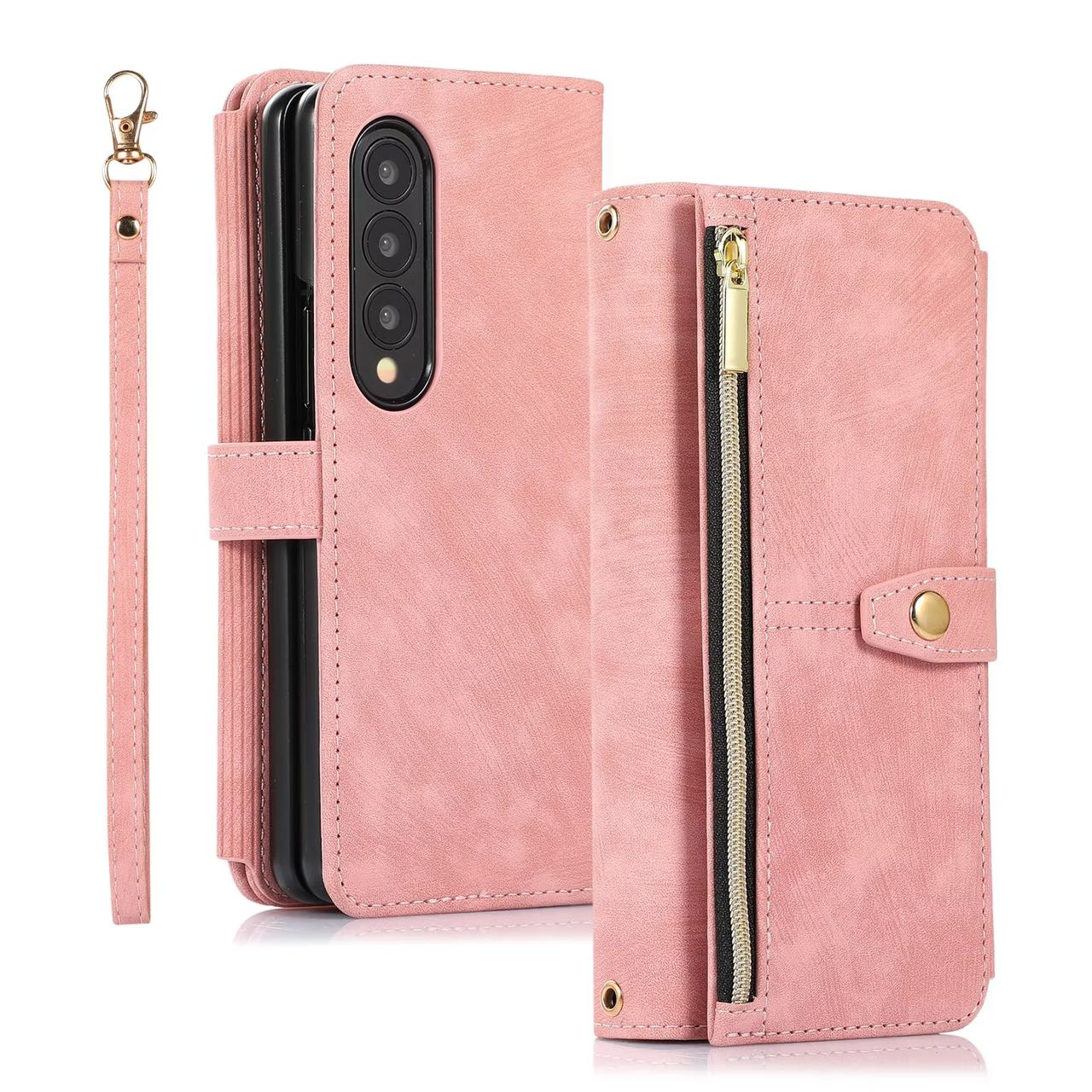 Pink leather Samsung Z Fold 4 3 protective case with wrist lanyard