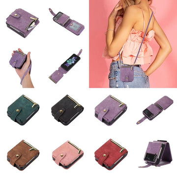 Premium leather Galaxy Z Flip 3-7 case with crossbody strap and card slots