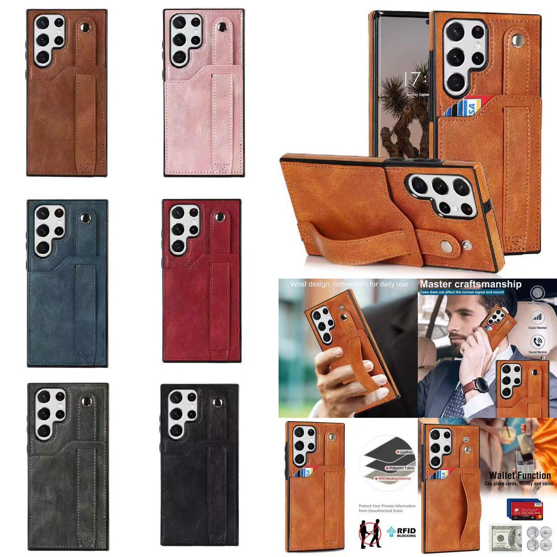 RFID Case For Samsung Galaxy S23 S22 S21 S20 Ultra Plus FE Luxury Leather Wrist Band Kickstand