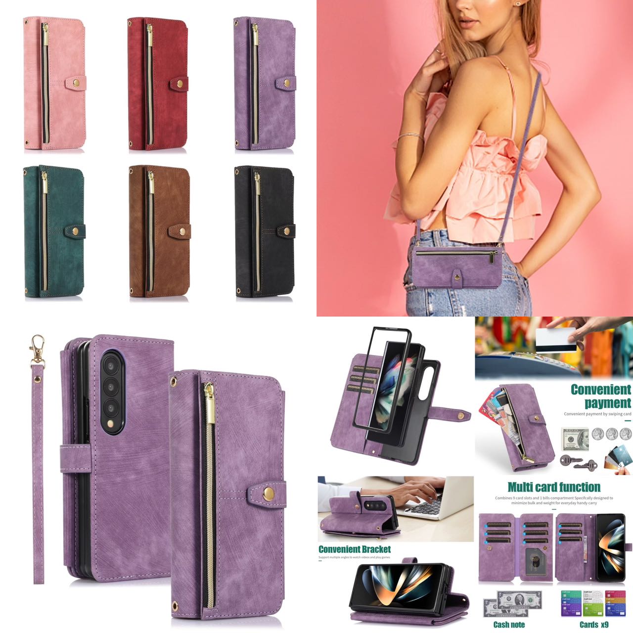Samsung Z Fold 4 3 leather case available in 7 colors purple black green brown red pink