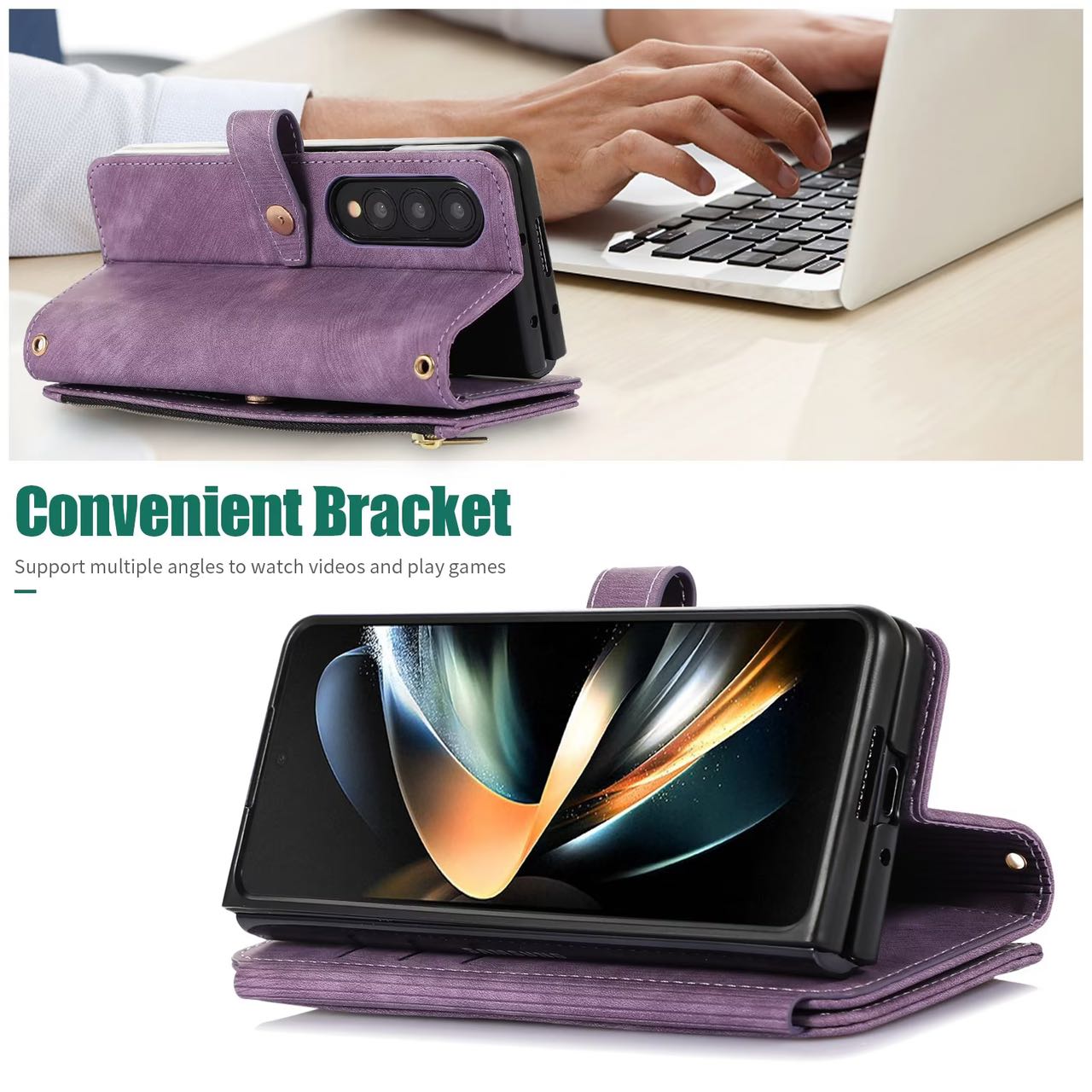 Samsung Z Fold 4 3 leather case with built-in kickstand and zipper coin bag