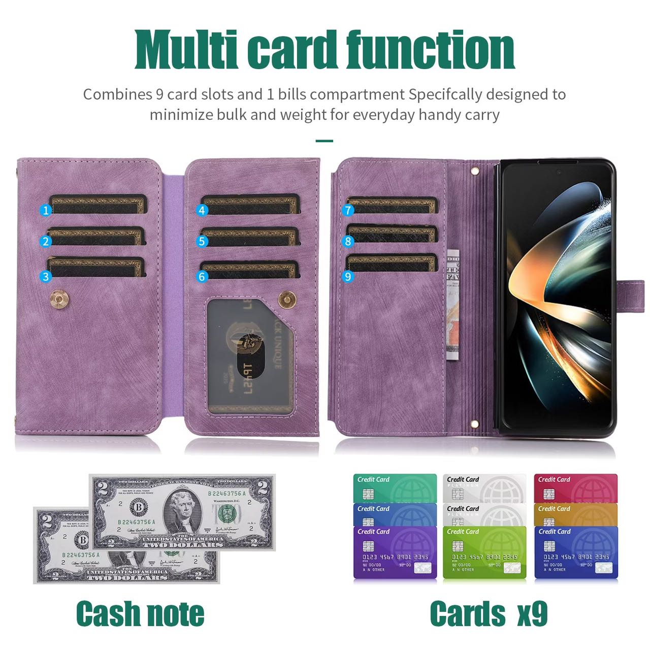 Samsung Z Fold 4 3 wallet case showing maximum 9 card slots capacity