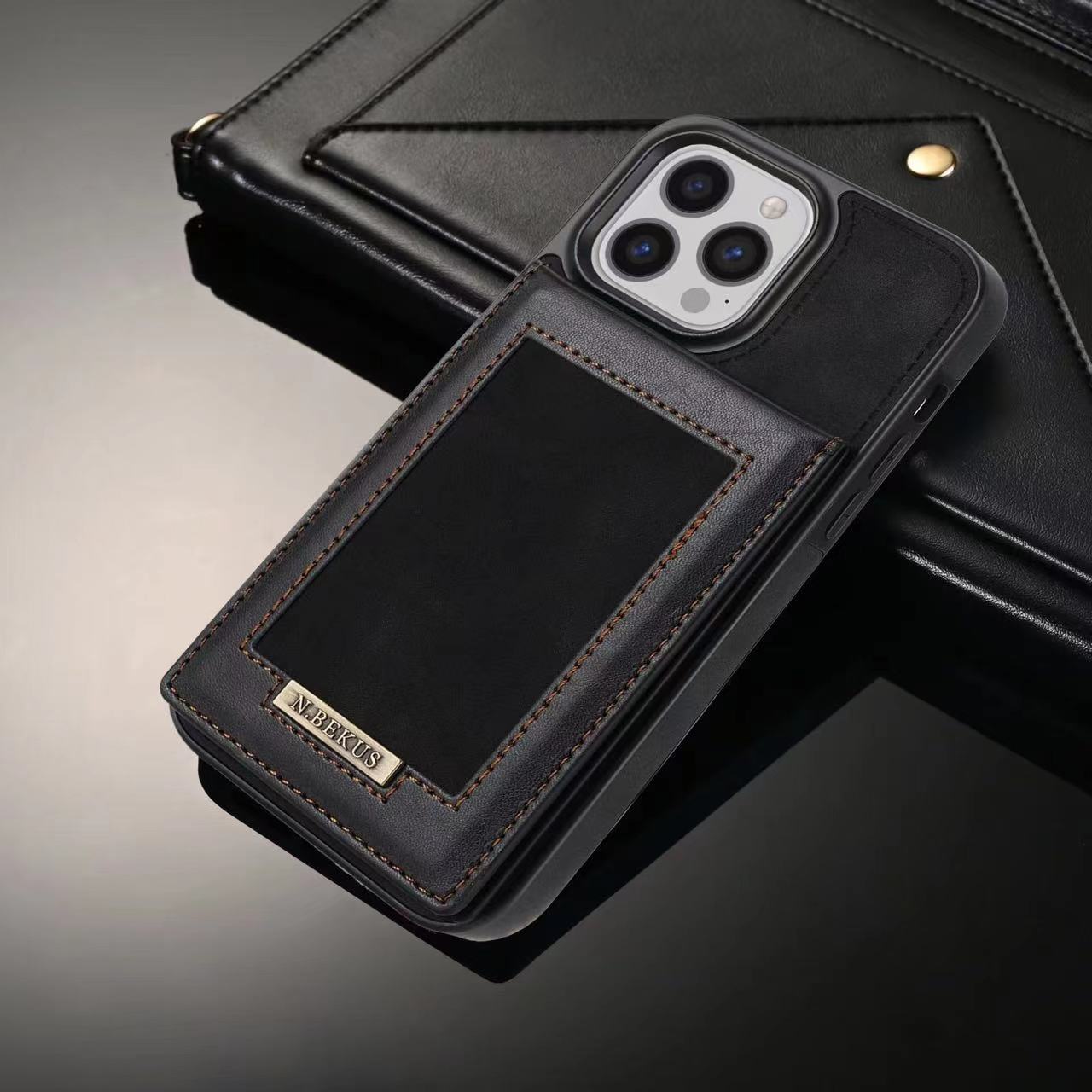 Wobomatic black leather iPhone 16 15 RFID blocking flip case with card slots
