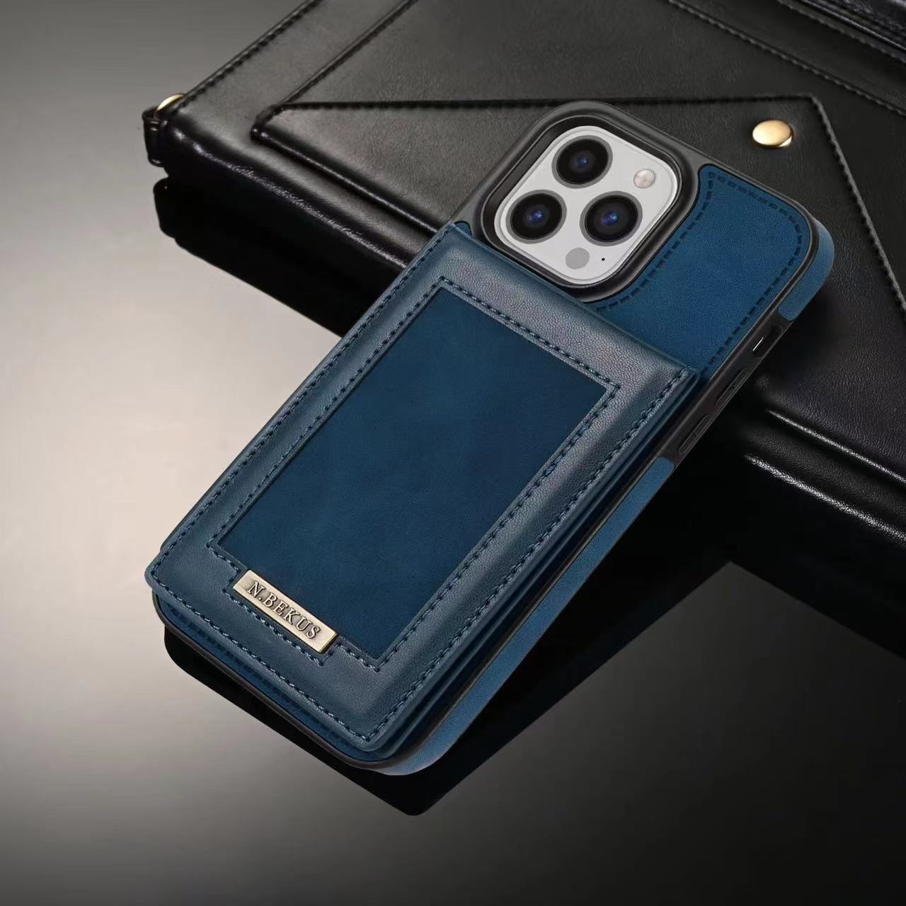 Wobomatic blue leather iPhone 16 15 RFID blocking flip case with kickstand
