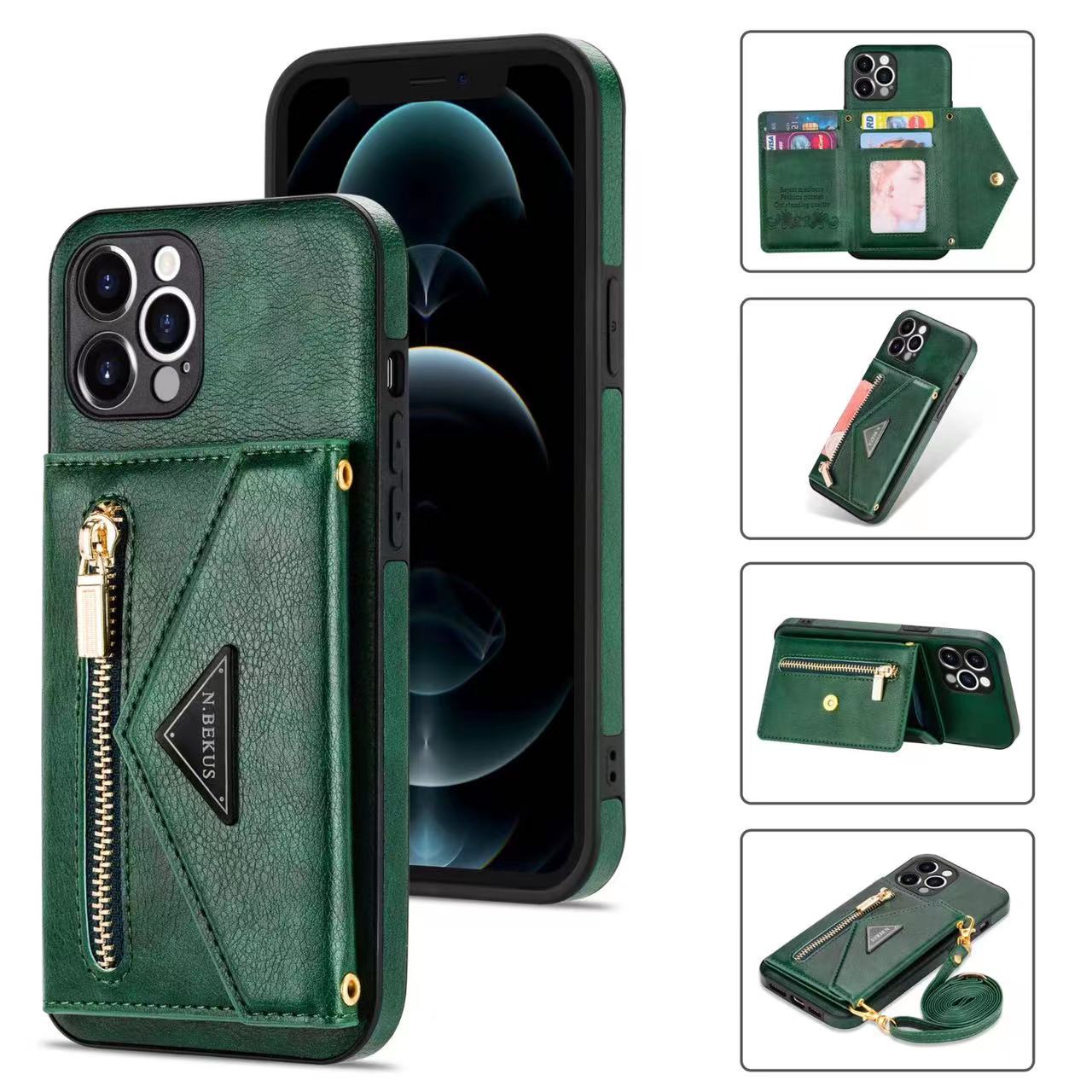 Wobomatic green leather iPhone 16 15 crossbody wallet case features