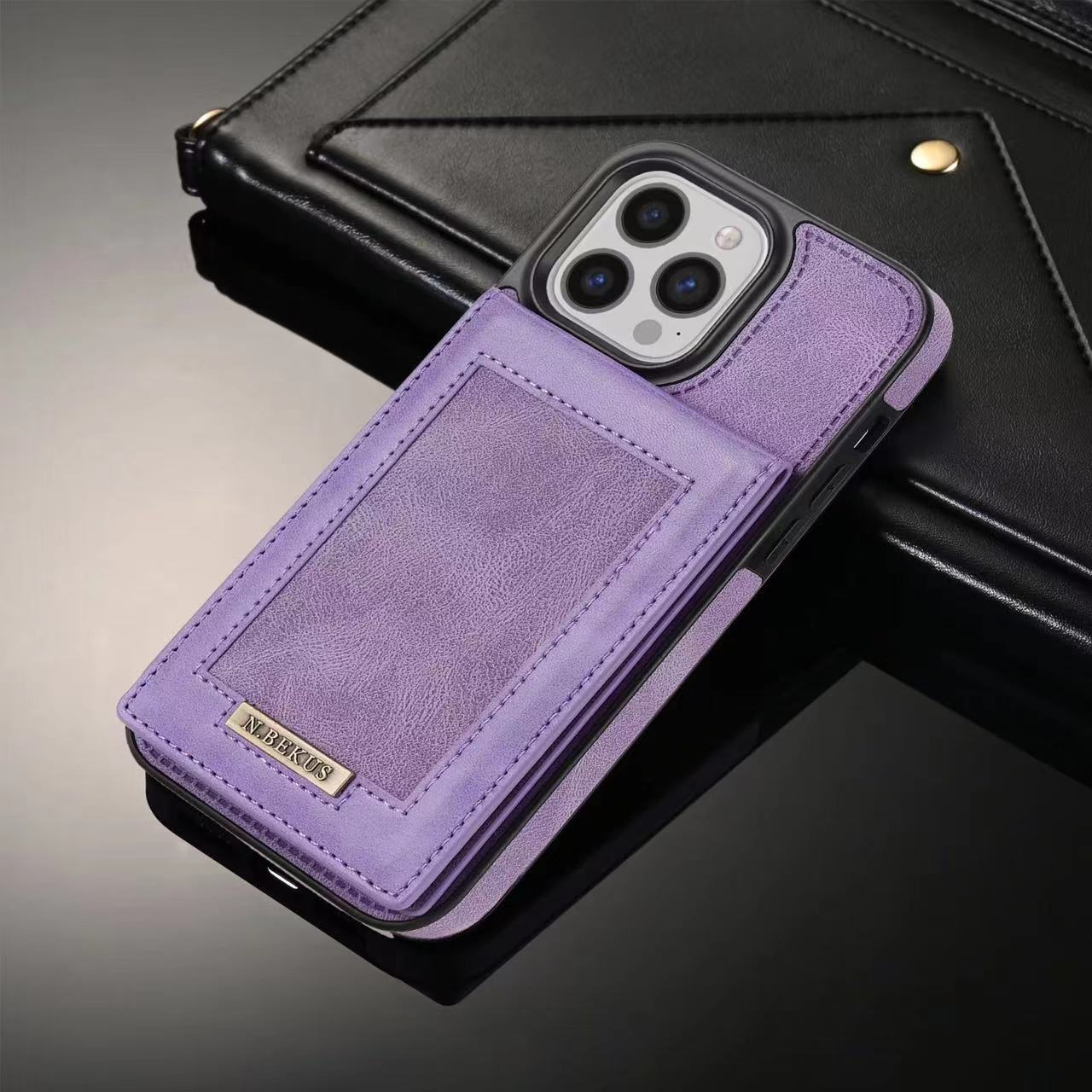 Wobomatic purple leather iPhone 16 15 RFID blocking flip case with kickstand