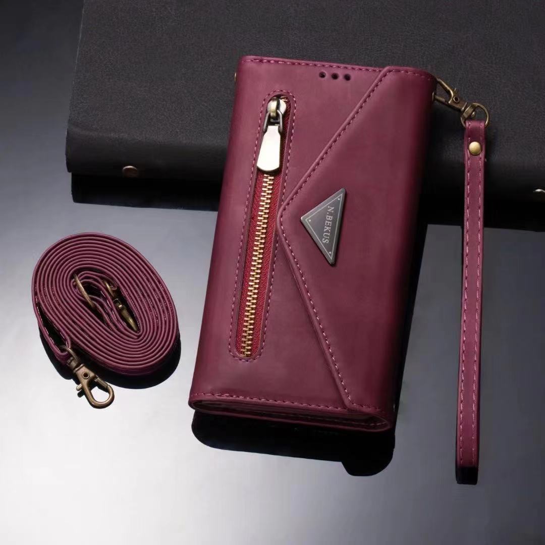 iPhone series leather wallet case in Rose Gold showing crossbody strap and integrated card slots